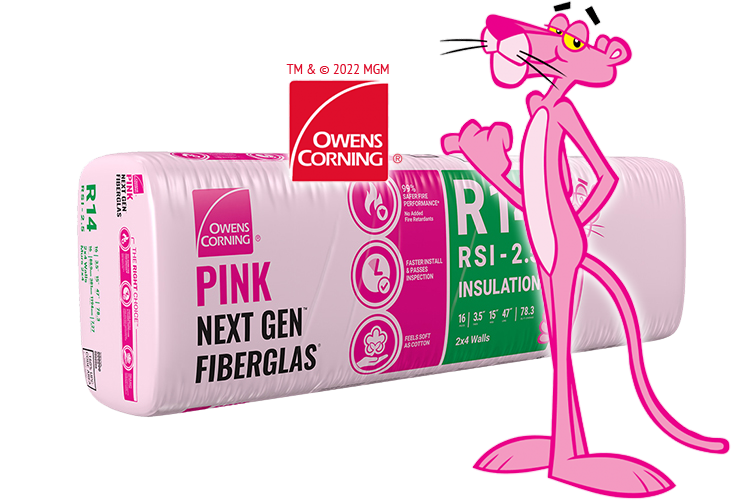 Owens Corning bundle of packaged Batt & Poly with Pink Panther mascot  standing next to it